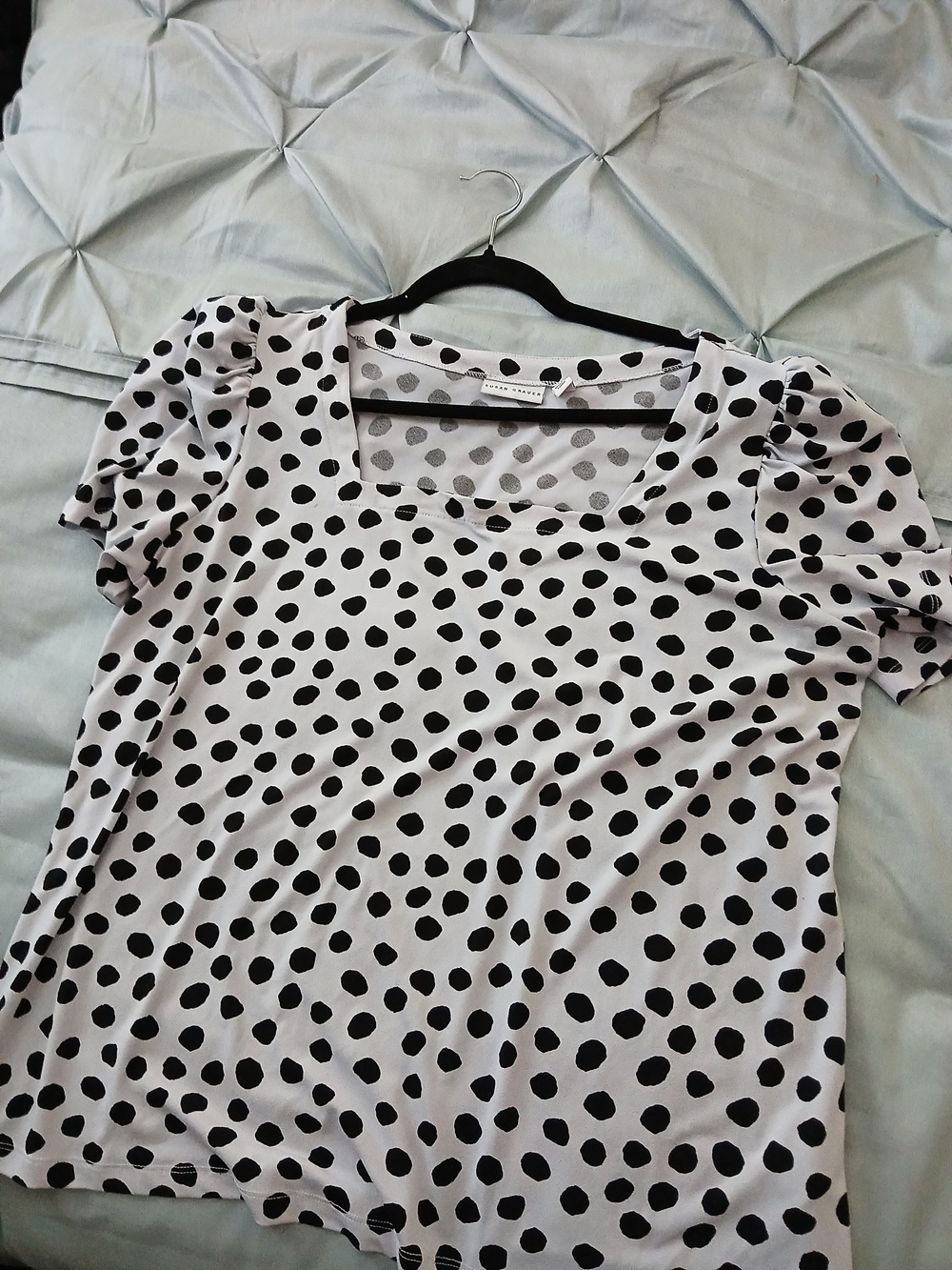 Susan Graver Black Polka Dot Puff Sleeve Top on White